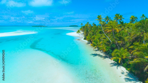 Fototapeta Naklejka Na Ścianę i Meble -  AERIAL: Spectacular tropical island sandy shore stretches into the distance.