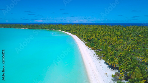 AERIAL: Spectacular tropical island sandy shore stretches into the distance.