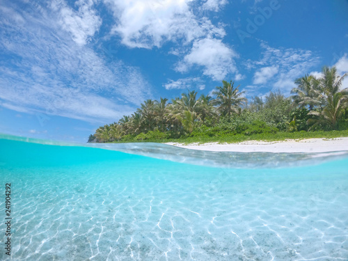 Fototapeta Naklejka Na Ścianę i Meble -  HALF UNDERWATER: Spectacular view of pristine exotic beach in turquoise Pacific.