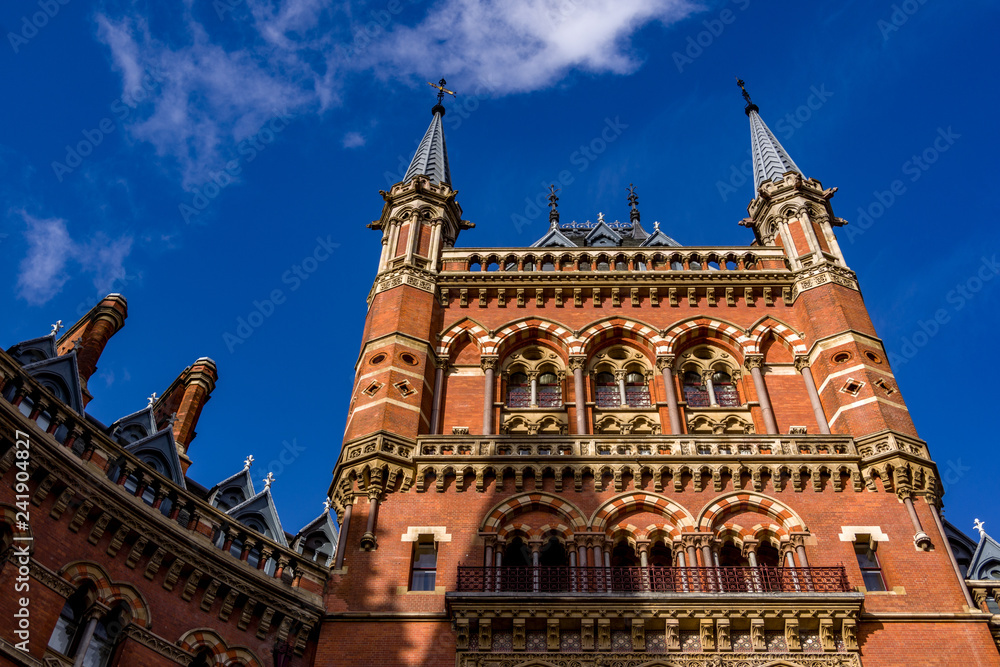 London, United Kingdom - 13 Nov, 2018 - Close up down view of entrance to the historic St. Pancras railway station hotel.