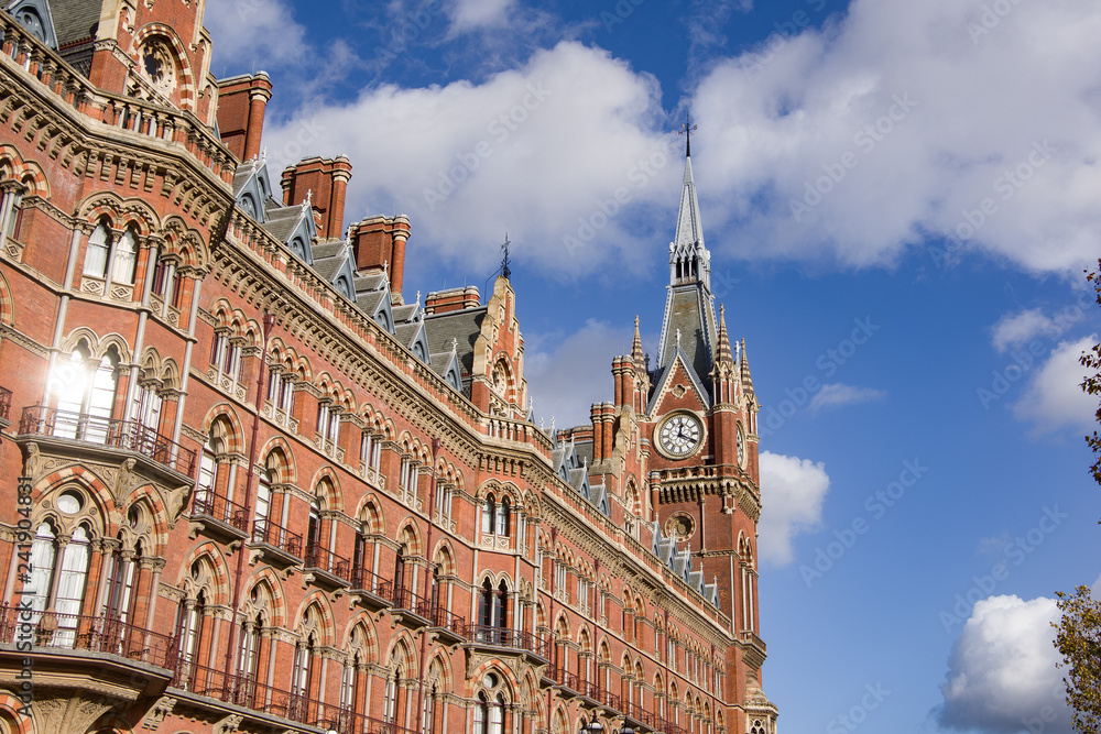 London, United Kingdom - 13 Nov, 2018 - Close up side view of historic St. Pancras railway station hotel. London, United Kingdom - 13 Nov, 2018 - Close up side view of historic St. Pancras railway station hotel.
