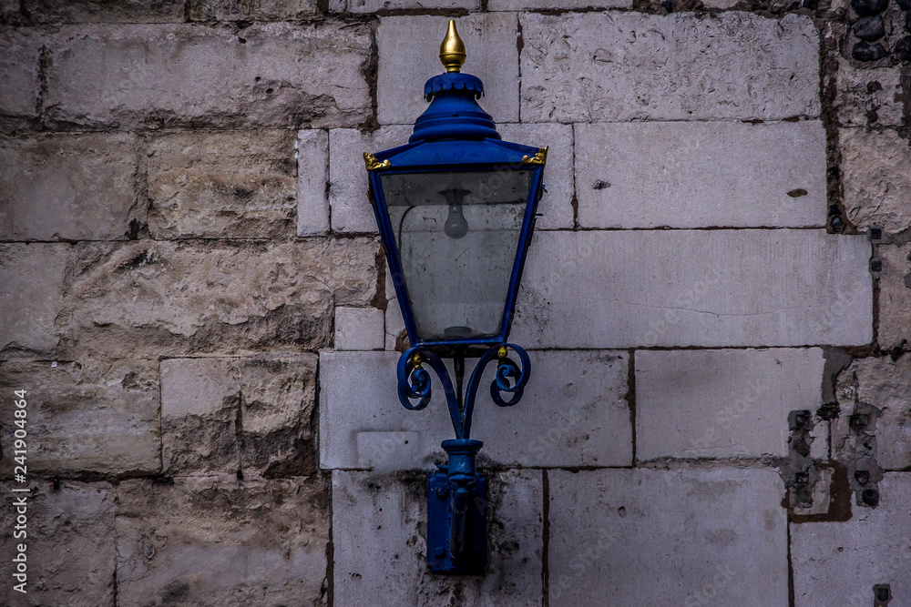 Close up view of old blue street lantern. London, United Kingdom.
