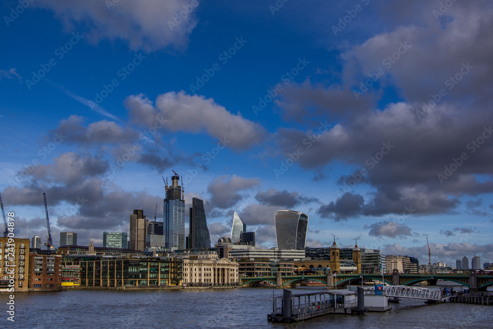 Landscape view of business modern district with many skyscrapers. London, United Kingdom.