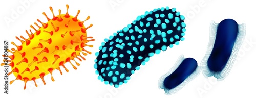 Set of viruses and bacteria isolated against a blom background. Viruses and bacteria under the microscope. Undead cellular infectious agent