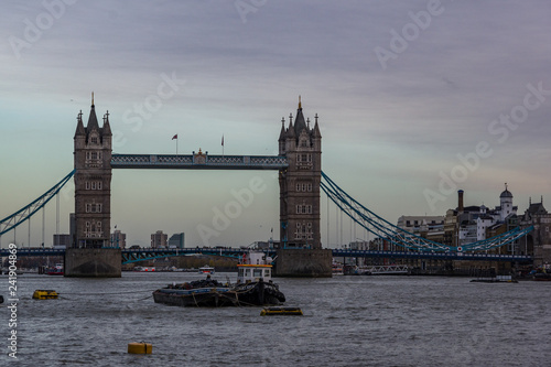 Landscape view of Tower bridge on the river Thames. Some ships sailing on the river. London  United Kingdom.