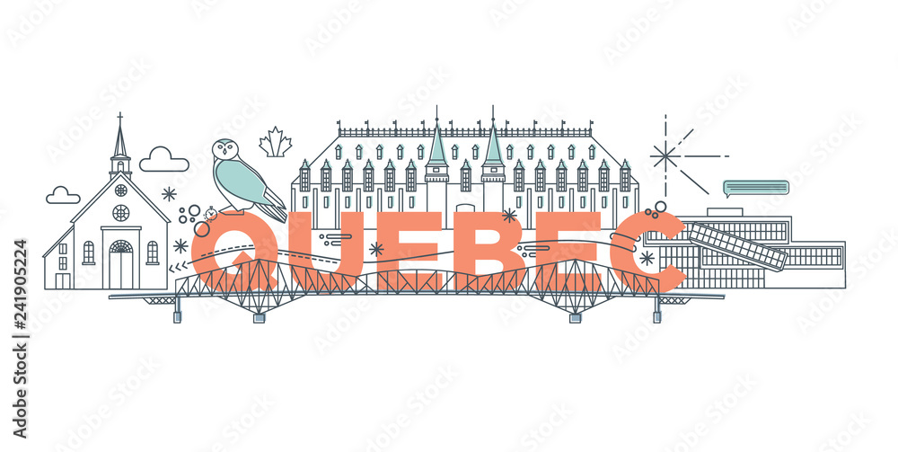 Typography word Quebec branding technology concept. Collection of flat vector web icons. Canadian culture travel set, architectures, specialties detailed silhouette. Doodle American famous landmark