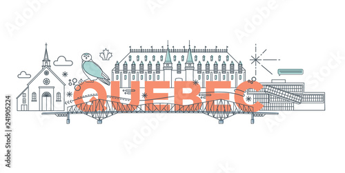 Typography word Quebec branding technology concept. Collection of flat vector web icons. Canadian culture travel set, architectures, specialties detailed silhouette. Doodle American famous landmark