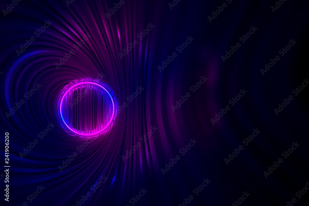 Round tunnel with reflective walls and neon circle illumination 3D Illustration