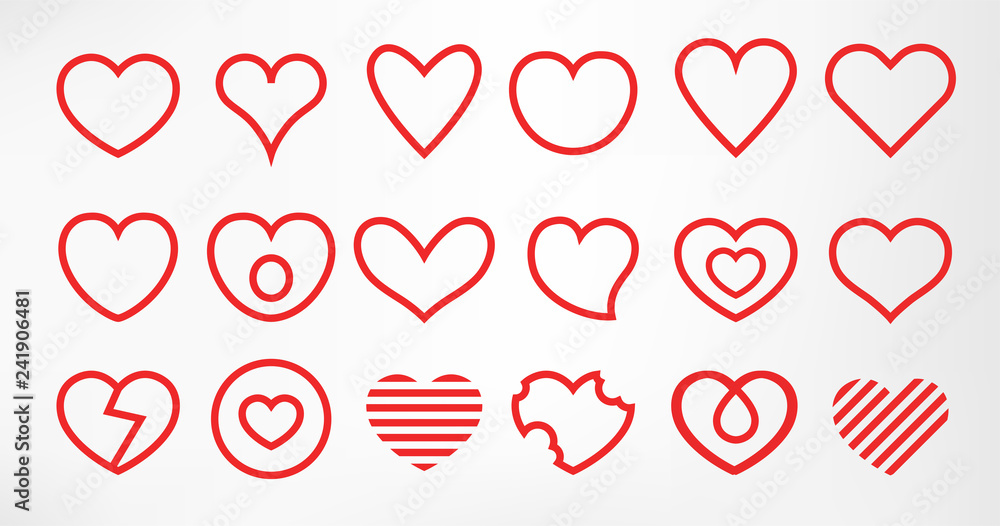 Hearts set isolated on white background. Simple modern design. Line icons, signs or logos. Red color. Objects to the Valentine's Day. Flat style vector illustration.