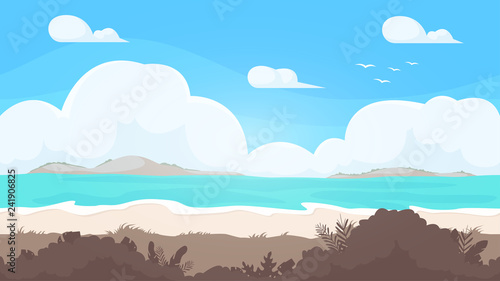 Seamless beach landscape. Beautiful high quality unending background. Layered for parallax effect. For 2d game. Simple cartoon design. With ocean, clouds, bushes, sea. Flat style vector illustration.