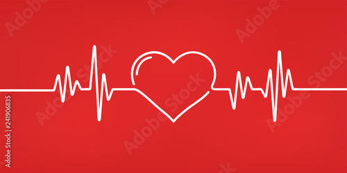 Heart pulse. Red and white colors. Heartbeat lone, cardiogram. Beautiful healthcare, medical background. Modern simple design. Icon. sign or logo. Flat style vector illustration.