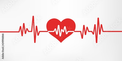 Heart pulse. Red and white colors. Heartbeat lone, cardiogram. Beautiful healthcare, medical background. Modern simple design. Icon. sign or logo. Flat style vector illustration.