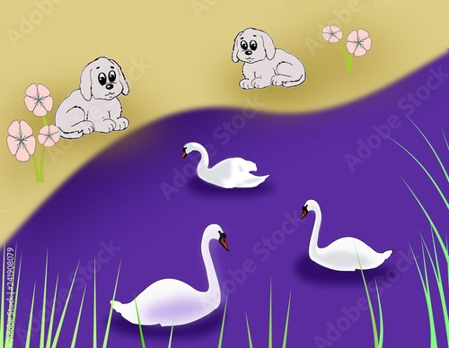 Three swans swim in a pond, while two little puppies sit and watch them.