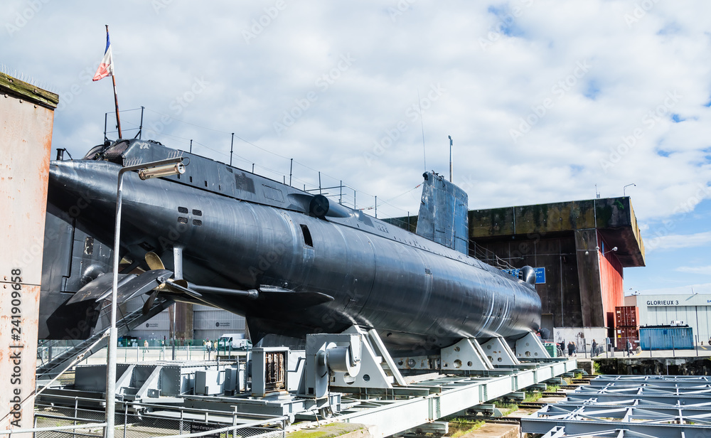 Fototapeta premium View of a Submarine exhibited on shore at the previous World War 2 German submarine base of Lorient, Brittany France