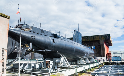 View of a Submarine exhibited on shore at the previous World War 2 German submarine base of Lorient, Brittany France