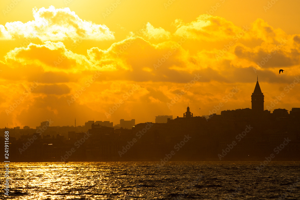 Sunset and Silhouette of Galata Tower 