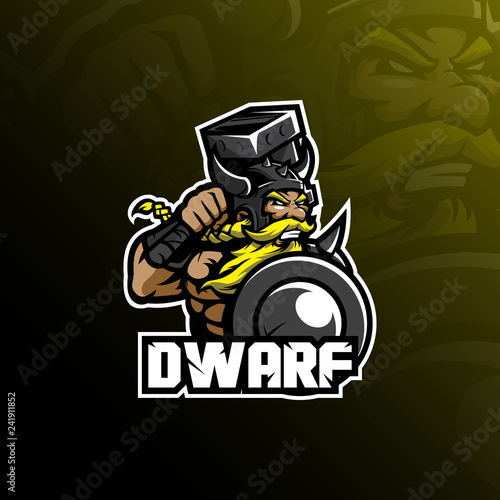 dwarf mascot logo design vector with modern illustration concept style for badge, emblem and tshirt printing. angry dwarf illustration with shield and hammer.