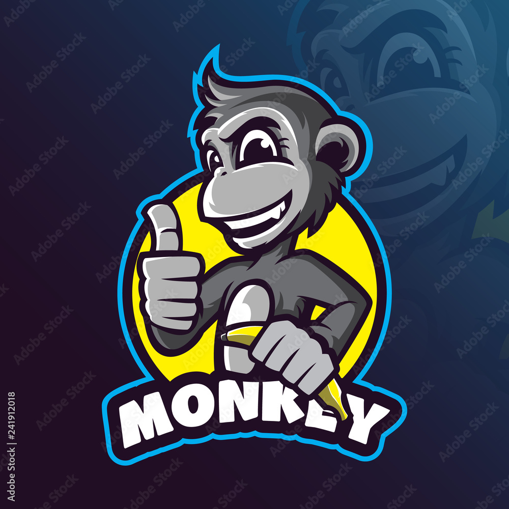 monkey mascot logo design vector with modern illustration concept style for badge, emblem and tshirt printing. smart monkey illustration with a banana in hand. monkey mascot logo design vector with modern illustration concept style for badge, emblem and tshirt printing. smart monkey illustration with a banana in hand.