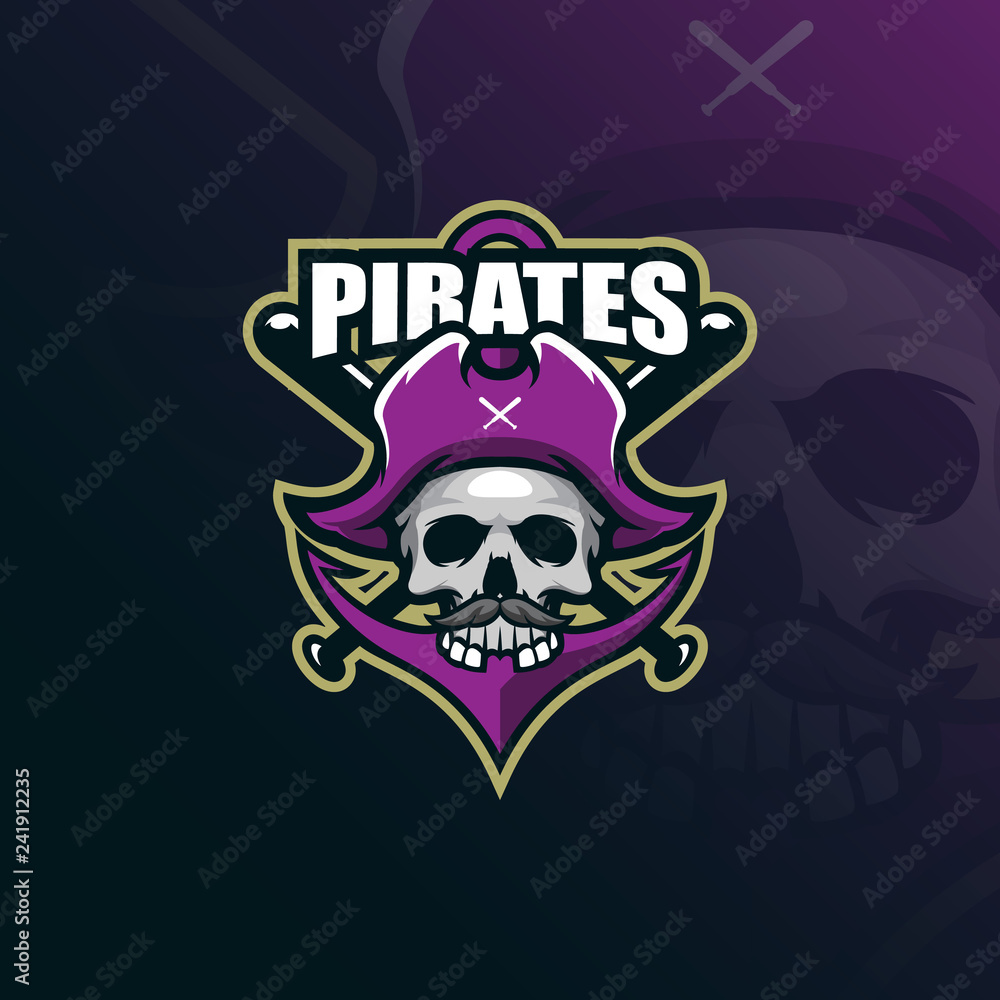 Fototapeta premium pirates mascot logo design vector with modern illustration concept style for badge, emblem and tshirt printing. skull pirates illustration with a anchor and stick.