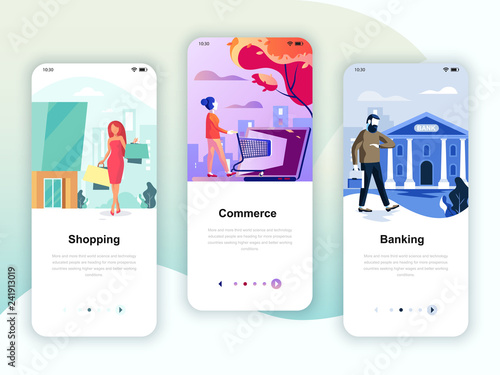 Set of onboarding screens user interface kit for Shopping, E-commerce, Banking, mobile app templates concept. Modern UX, UI screen template for mobile or responsive web site. Vector illustration.