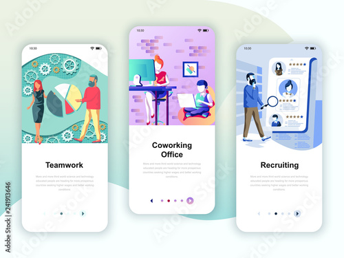 Set of onboarding screens user interface kit for Teamwork, Coworking Office, Recruiting, mobile app templates concept. Modern UX, UI screen for mobile or responsive web site. Vector illustration.