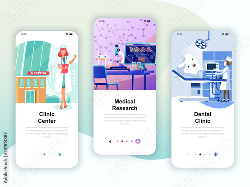 Set of onboarding screens user interface kit for Medicine, Research, Dental Clinic, mobile app templates concept. Modern UX, UI screen for mobile or responsive web site. Vector illustration.