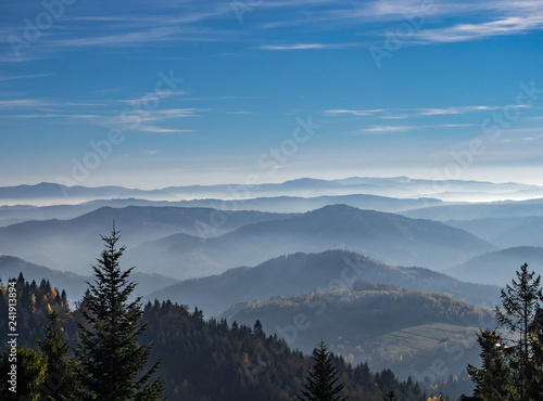 Beskids Mountains in Autumn from Jaworzyna Range nearby Piwniczna-Zdroj town, Poland. View to the south.