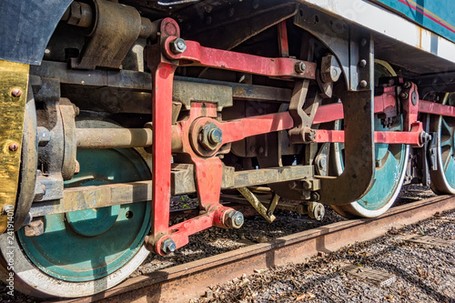 Detail of the wheels of an old steam locomotive