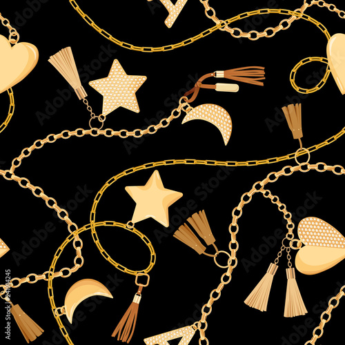 Golden Chains and Charms with Diamonds Seamless Pattern. Fashion Fabric Background with Gold, Gemstones and Jewelry Elements for Wallpapers, Print. Vector illustration