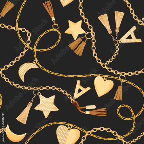 Golden Chains, Straps and Charms with Diamonds Seamless Pattern. Fashion Fabric Background with Gold, Gemstones and Jewelry Elements for Textile, Print. Vector illustration