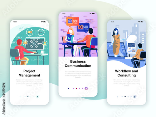 Set of onboarding screens user interface kit for Management, Communication, Workflow, mobile app templates concept. Modern UX, UI screen for mobile or responsive web site. Vector illustration.