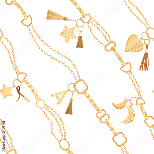 Golden Chains and Charms with Diamonds Seamless Pattern. Fashion Fabric Background with Gold, Gemstones and Jewelry Elements for Wallpapers, Print. Vector illustration