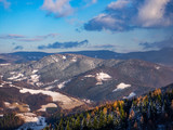 Valley of Piwniczna-Zdroj in winter. View from Piwowarowka. Beskids Mountains, Poland.