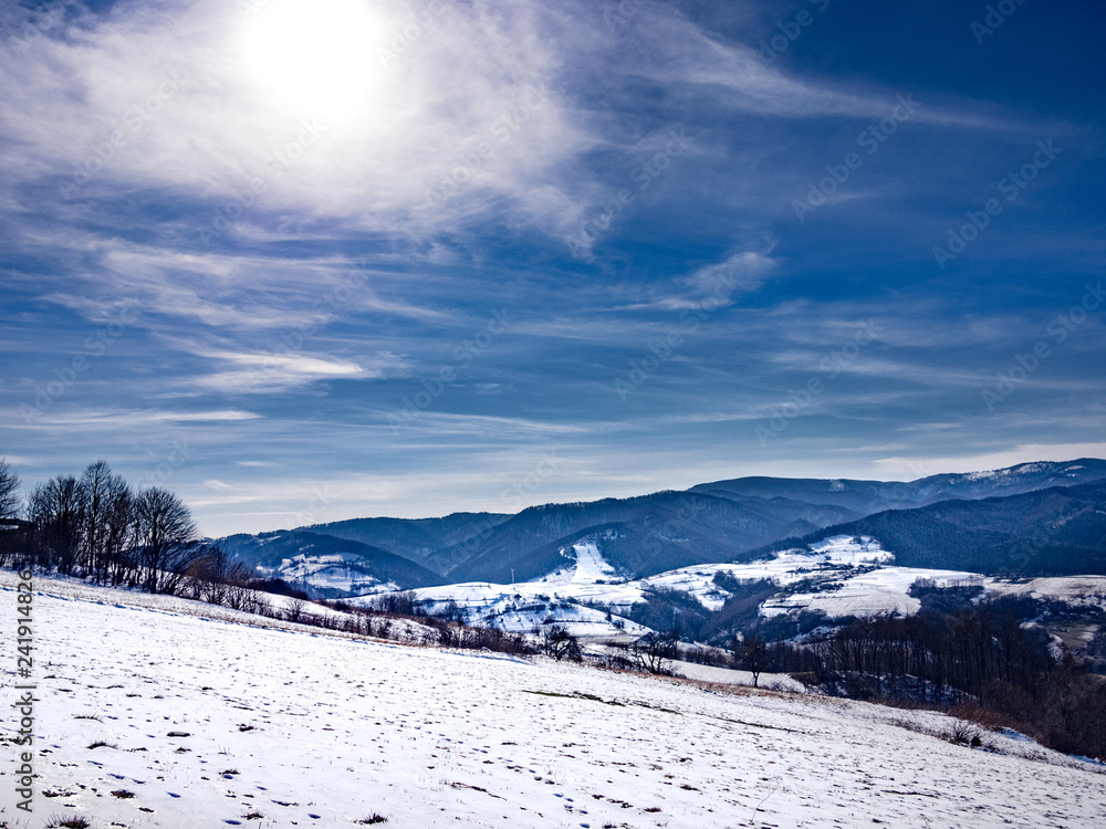 View of Rytro Village and Radziejowej Range from Wola Krogulecka. Beskids Mountains in Winter.