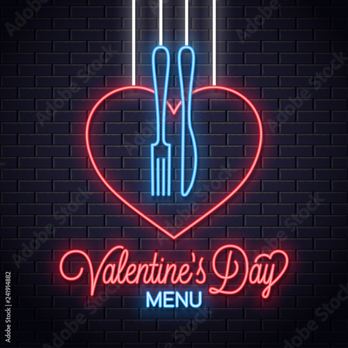 Valentines Day Neon Menu. Heart a fork and knife