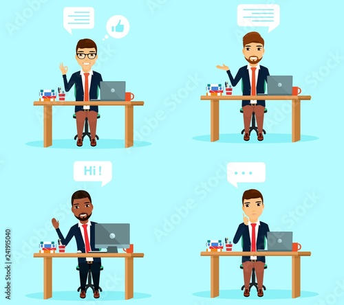 Set of concepts. Young guys in the workplace with speech bubbles. Character. In flat style on blue background. Cartoon.
