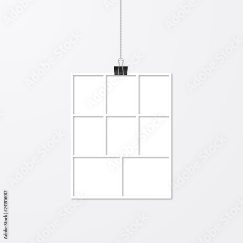 Realistic vector frame hanging with binder clips. White paper frame. Collage layout template. Mock up for photographers.