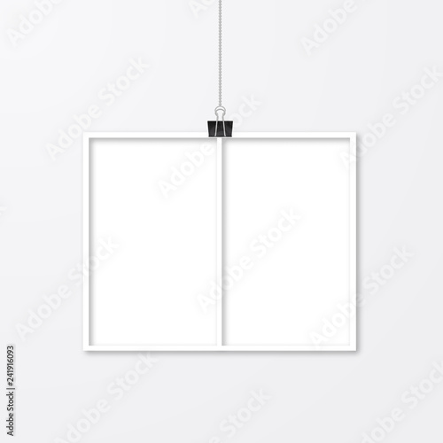 Realistic photo frame hanging with binder clips isolated on white. Paper cut effect. Template collage vector illustration. Mockup for photographers.