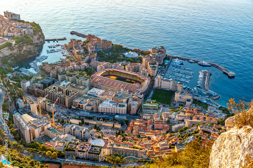 Foto Aerial view of stadium of Monaco at sunrise, view from La Turbie, landmark of Mo