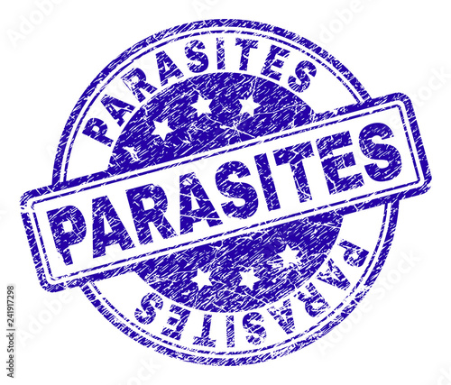 PARASITES stamp seal watermark with distress texture. Designed with rounded rectangles and circles. Blue vector rubber print of PARASITES tag with retro texture.