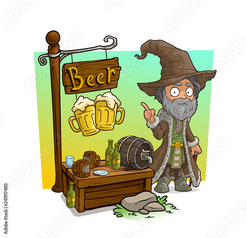 Cartoon old homeless character and beer shop