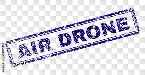 AIR DRONE stamp seal print with corroded style and double framed rectangle shape. Stamp is placed on a transparent background. Blue vector rubber print of AIR DRONE text with unclean texture.