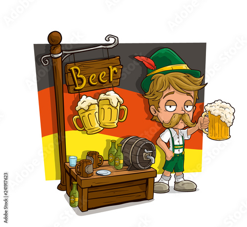 Cartoon bavarian character and beer shop