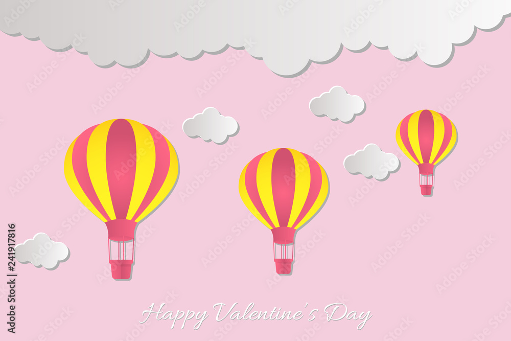 Happy Valentine's Day lettering! Beautiful clouds and air balloons! Abstract paper art 3D vector illustration on pink background. Valentines Day card. Happy Valentine's Day lettering! Beautiful clouds and air balloons! Abstract paper art 3D vector illustration on pink background. Valentines Day card.