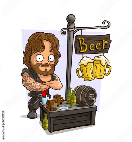 Cartoon muscular biker character and beer shop