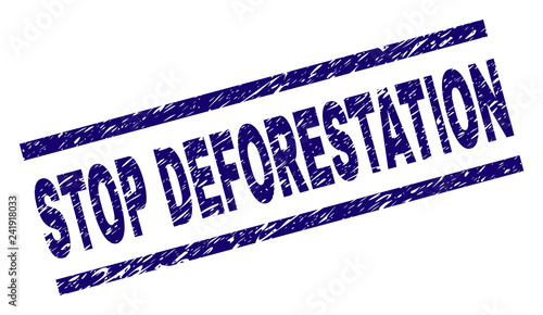 STOP DEFORESTATION seal print with distress style. Blue vector rubber print of STOP DEFORESTATION caption with dirty texture. Text title is placed between parallel lines.