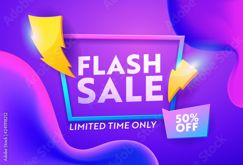 Flash Sale Purple Gradient Horizontal Poster. Online Ecommerce Discount Promotion Typography Template. Lightning Symbol on Closeout Colorful Badge Banner Design Vector Illustration