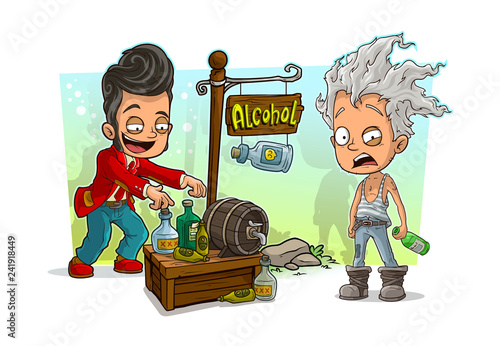 Cartoon dancer and crazy old man with alcohol shop