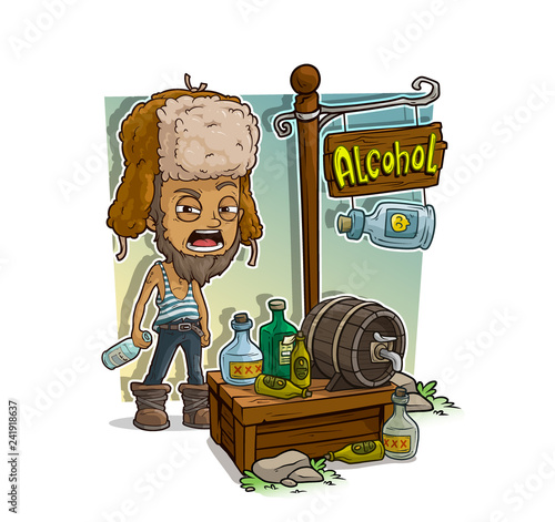 Cartoon homeless alcoholic and alcohol shop