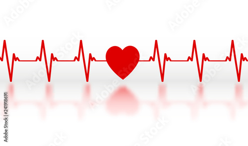 Cardiogram of a red symbolic heart with a mirror reflection.